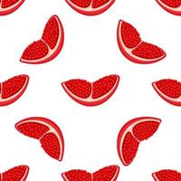 Seamless pattern with fresh bright exotic chunk pomegranate with leaves on white background. Summer fruits for healthy lifestyle. Organic fruit. Vector illustration for any design.