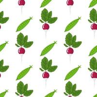 Seamless pattern with fresh pea and radish vegetables. Organic food. Cartoon style. Vector illustration for design, web, wrapping paper, fabric, wallpaper.