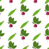 Seamless pattern with fresh pea and radish vegetables. Organic food. Cartoon style. Vector illustration for design, web, wrapping paper, fabric, wallpaper.