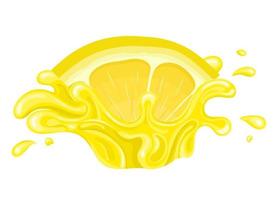 Fresh bright cut slice lemon juice splash burst isolated on white background. Summer fruit juice. Cartoon style. Vector illustration for any design.