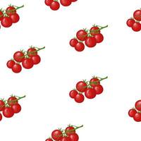 Seamless Pattern with Raw Ripe Tomatoes on Branch isolated on white background. Fresh Red Cherry Tomato Vegetable. Cartoon Flat Style. Vector illustration for Your Design, Web, Wrapping Paper, Fabric.