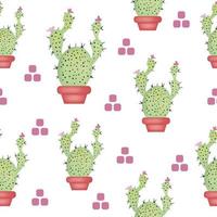 Vector seamless pattern with cactus and geometric figures. Cute green cactus. Repeating hand drawn background.