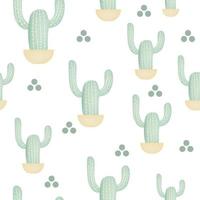 Vector seamless pattern with cactus and circles. Cute green cactus. Repeating hand drawn background.