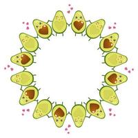 Wreath of cute cartoon avocado characters in love holding hands on a white background. Vector illustration for any design.