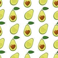 Seamless pattern with fresh half avocado with heart isolated on white background. Summer fruits for healthy lifestyle. Organic fruit. Cartoon style. Vector illustration for any design.