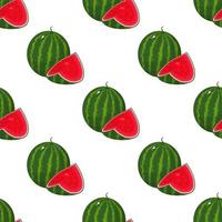 Seamless pattern with fresh whole and cut slice watermelon fruit on white background. Summer fruits for healthy lifestyle. Organic fruit. Cartoon style. Vector illustration for any design.