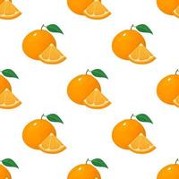 Seamless pattern with fresh bright exotic whole and slice tangerine or mandarin isolated on white background. Summer fruits for healthy lifestyle. Organic fruit. Vector illustration for any design.