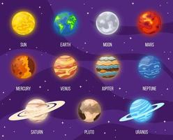 Set of cartoon solar system planets in space. Colorful universe with sun, moon, earth, stars and system planets. Vector illustration for any design.