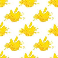 Seamless pattern with fresh bright mango juice splash burst isolated on white background. Summer fruit juice. Cartoon style. Vector illustration for any design.