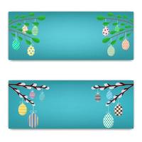 Template of Easter Discount, Brochure, Postcard, Flyer with Space for Text. Greeting or Invitation with Green Branches and Willow Twigs. Hanging Eggs. Vector illustration for Your Design, Web, Print.