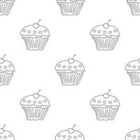 Seamless pattern with outline cupcake and cherry on white background. Sweet food. Vector illustration for design, web, wrapping paper, fabric, wallpaper.