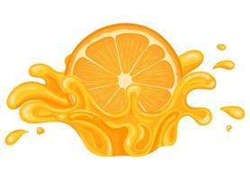 explosión de jugo de naranja, mandarina o tagerina fresca y brillante aislada en fondo blanco. jugo de frutas de verano. estilo de dibujos animados ilustración vectorial para cualquier diseño. vector