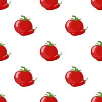 Seamless pattern with fresh red tomato and chilli pepper isolated on white background. Organic food. Cartoon style. Vector illustration for design, web, wrapping paper, fabric