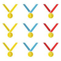 conjunto de iconos vectoriales de medallas de oro aislados en fondo blanco. primeros, segundos, terceros lugares. premio de oro plano del ganador. ilustración vectorial para su diseño, web. vector