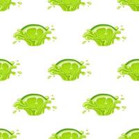 Seamless pattern with fresh bright lime juice splash burst isolated on white background. Summer fruit juice. Cartoon style. Vector illustration for any design.