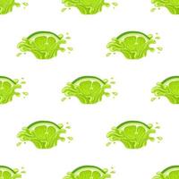 Seamless pattern with fresh bright lime juice splash burst isolated on white background. Summer fruit juice. Cartoon style. Vector illustration for any design.