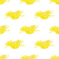 Seamless pattern with fresh bright lemon juice splash burst isolated on white background. Summer fruit juice. Cartoon style. Vector illustration for any design.