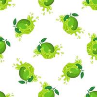 Seamless pattern with fresh bright lime juice splash burst isolated on white background. Summer fruit juice. Cartoon style. Vector illustration for any design.