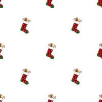 Seamless pattern with christmas socks on white background. Gingerbread man and candies. Red green sock. Vector illustration.