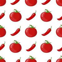 Seamless pattern with fresh tomato and chilli pepper vegetables. Organic food. Cartoon style. Vector illustration for design, web, wrapping paper, fabric, wallpaper.
