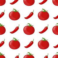 Seamless pattern with fresh tomato and chilli pepper vegetables. Organic food. Cartoon style. Vector illustration for design, web, wrapping paper, fabric, wallpaper.