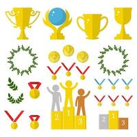 Vector Collection of Golden Sport Awards.Flat Icons of Trophies, Medals, Pedestal, Laure Frames, Coins. First, Second, Third Places. Humans on Podium. Vector illustration for Your Design, Web.