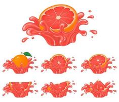 conjunto de salpicadura de jugo de toronja brillante fresco aislado sobre fondo blanco. jugo de frutas de verano. estilo de dibujos animados ilustración vectorial para cualquier diseño. vector