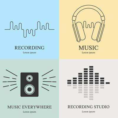 Set of music logos templates. Recording studio labels. Radio badges with sample text. Vector illustration for design, web.