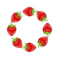 Wreath from cartoon red strawberries with space for text. Realistic sweet food. Organic fruit. Vector illustration for any design.