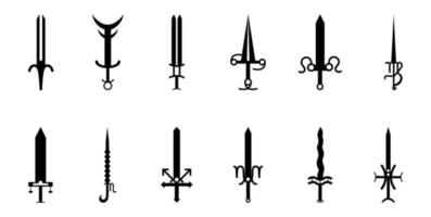 conjunto de 12 icono de espadas del zodiaco. colección de armas zodiacales aries, tauro, géminis, cáncer, leo, virgo, libra, escorpio, sagitario, capricornio, acuario, piscis. ilustración vectorial para su diseño. vector