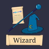 Template of Game Character, Class. Wizard Class. Attributes of wizard isolated on dark background. Select your class. Vector illustration.