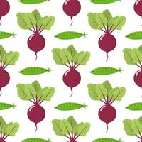 Seamless pattern with fresh beet and pea vegetables. Organic food. Cartoon style. Vector illustration for design, web, wrapping paper, fabric, wallpaper.