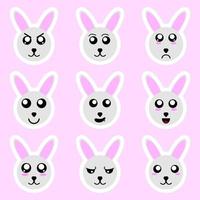 Set of rabbit stickers. Different emotions, expressions. Sticker in anime style. Vector Illustration for your design.