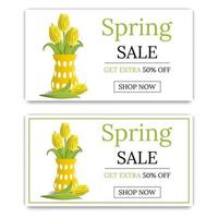 Spring Sale Banner Template Background with Bouquet of Tulips. Voucher, wallpaper,flyers, invitation, posters, brochure, coupon discount,greeting card. Vector illustration.