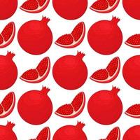 Seamless pattern with fresh bright exotic whole and chunk pomegranate with leaves on white background. Summer fruits for healthy lifestyle. Organic fruit. Vector illustration for any design.