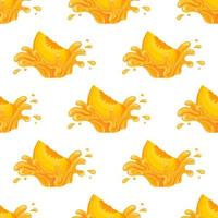 Seamless pattern with fresh peach juice splash burst isolated on white background. Summer fruit juice. Cartoon style. Vector illustration for any design.