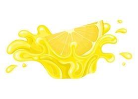Fresh bright cut slice lemon juice splash burst isolated on white background. Summer fruit juice. Cartoon style. Vector illustration for any design.