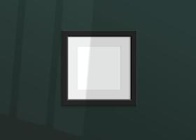 Realistic vector luxury mockup with black photo frame. Shadow on the green wall and empty place for your design. 3d soft light and overlay shadow from window. Square poster or painting.