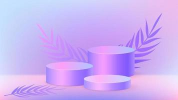 Neon pink light 3d background product display podium scene with leaf geometric platform. Stand to show cosmetic product. Realistic stage showcase on pedestal display holographic purple backdrop vector