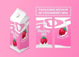 Set of 3D design strawberry milk packages of cardboard paper. Food packaging mockup for drinks. Realistic vector illustration for branding. Whole strawberry. Fresh  berry with liquid splash.