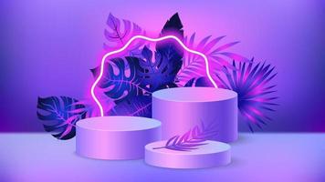 Neon light 3d background product display podium scene with tropic leaves geometric platform. Stand to show cosmetic product. Realistic stage showcase on pedestal display holographic purple backdrop vector