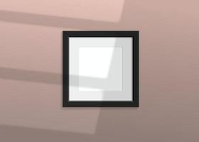 Realistic vector mockup with black photo frame. Shadow on the beige wall and empty place for your design. 3d soft light and overlay shadow from window. Square poster or painting.