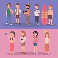 nine tourists travelers characters vector