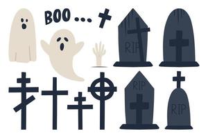 Gravestones set. Old Tomb Collection. Ancient RIP. Collection of gravestones. Concept cartoon gravestone in different. Halloween elements set. Grave on white background vector