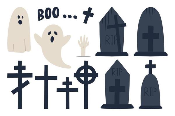 Gravestones set. Old Tomb Collection. Ancient RIP. Collection of gravestones. Concept cartoon gravestone in different. Halloween elements set. Grave on white background