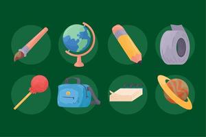 ocho iconos de útiles escolares