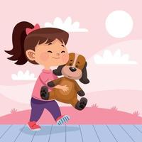 girl playing with doggy vector