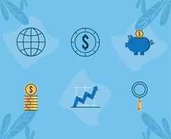 seis iconos de economía financiera vector