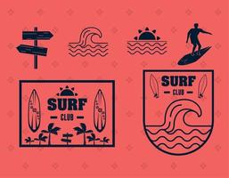 seis iconos de deporte de surf vector