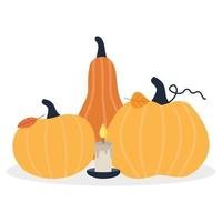 calabazas de halloween y velas con hojas de otoño. vector